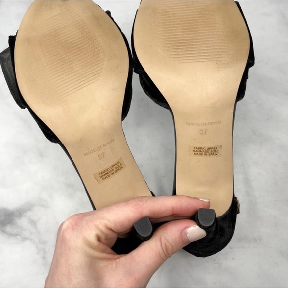 NEW Anthropologie Leather Velvet Knot Bow Ankle Strap Midi Sandal Heels Black - Picture 5 of 5